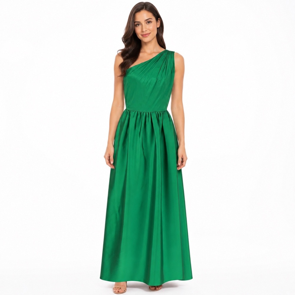 Alfred Sung Green One Shoulder Long Maxi Dress Formal Gown Size 14 A Line Party